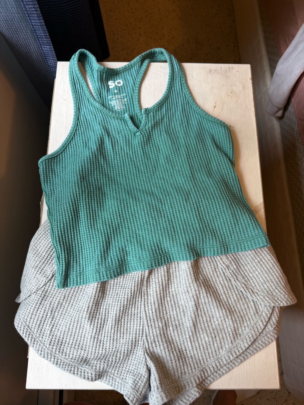 SO Green Ribbed Tank and Light Gray Shorts Matching Set